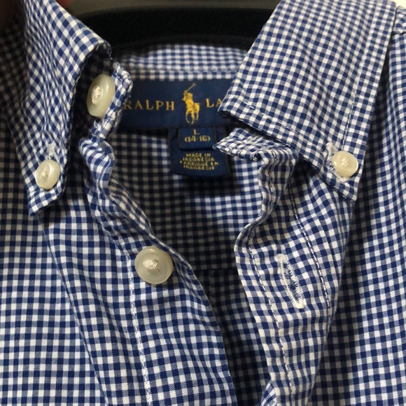 Ralph Lauren Boys' Gingham Button-Down Shirt and collar. Large 14-16.  Navy Blue - Picture 4 of 6